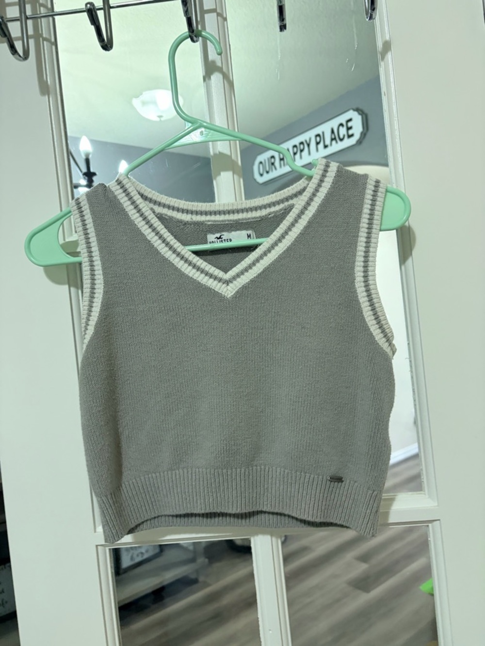 Hollister Gray and White V-Neck Sweater Vest